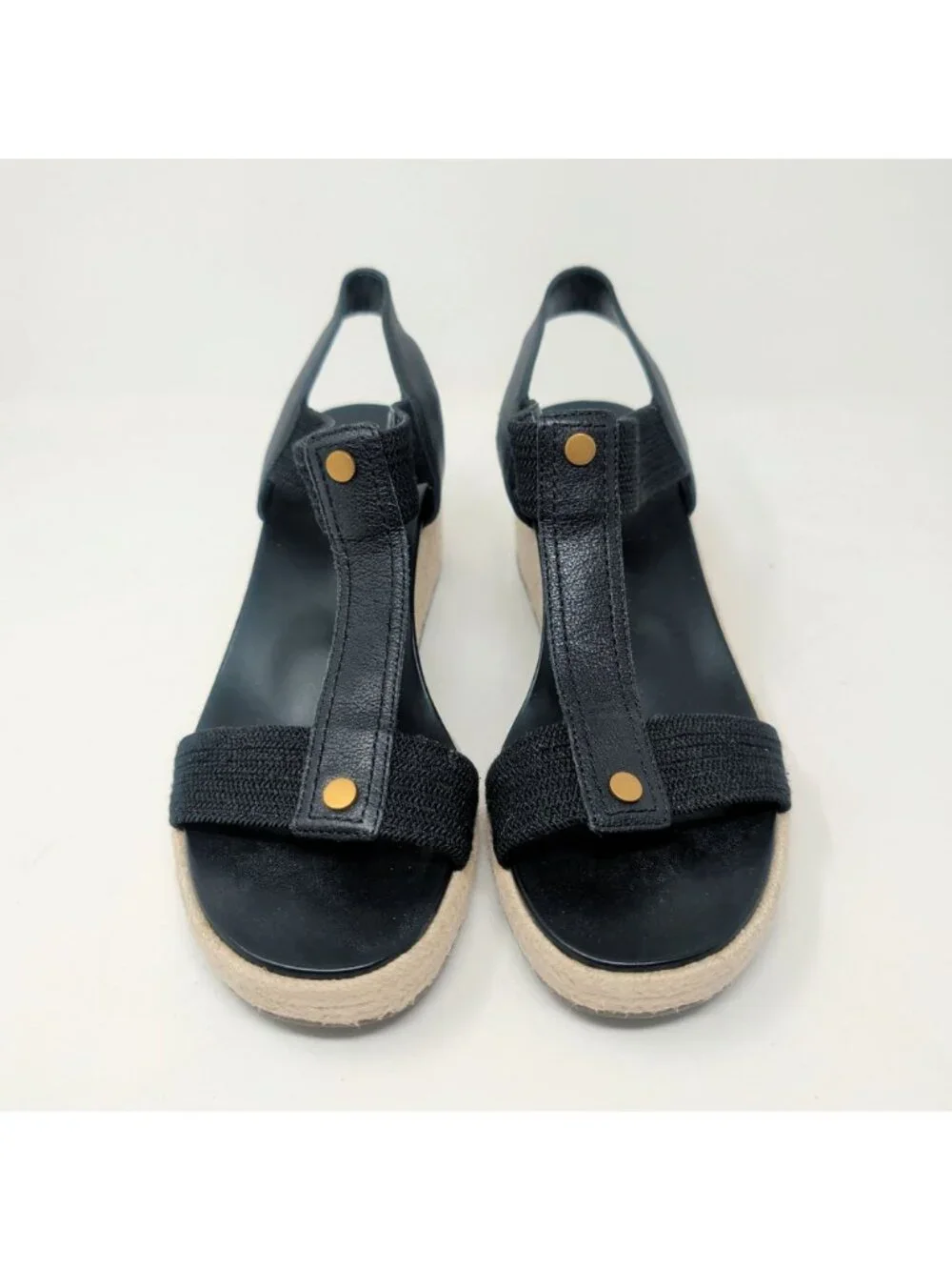 Vionic Espadrilles 12 Black Leather Wedge Platform Calera